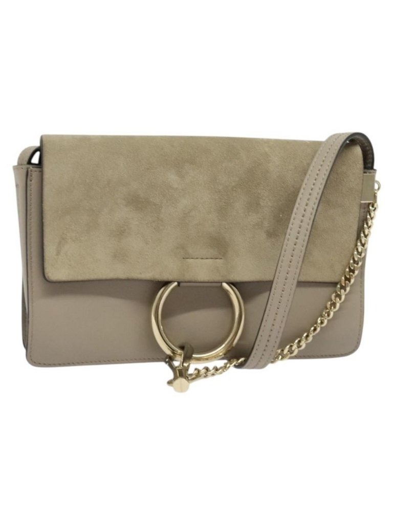 Authentic Chloe Fay Shoulder Bag Leather Greige Gold